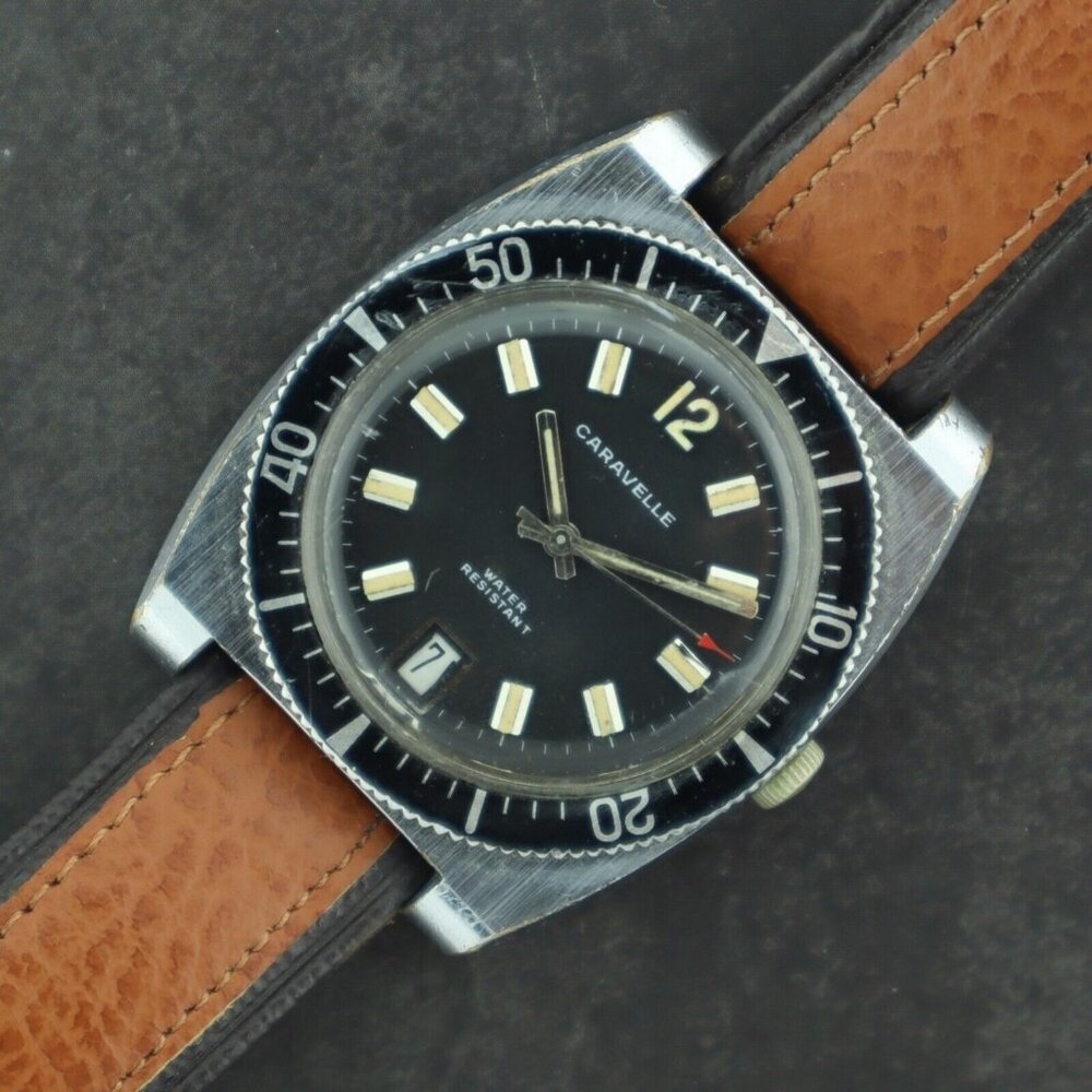 Vintage Caravelle Diver 17 Jewel Men's Manual Wind Wristwatch 11UECD w Date Runs
